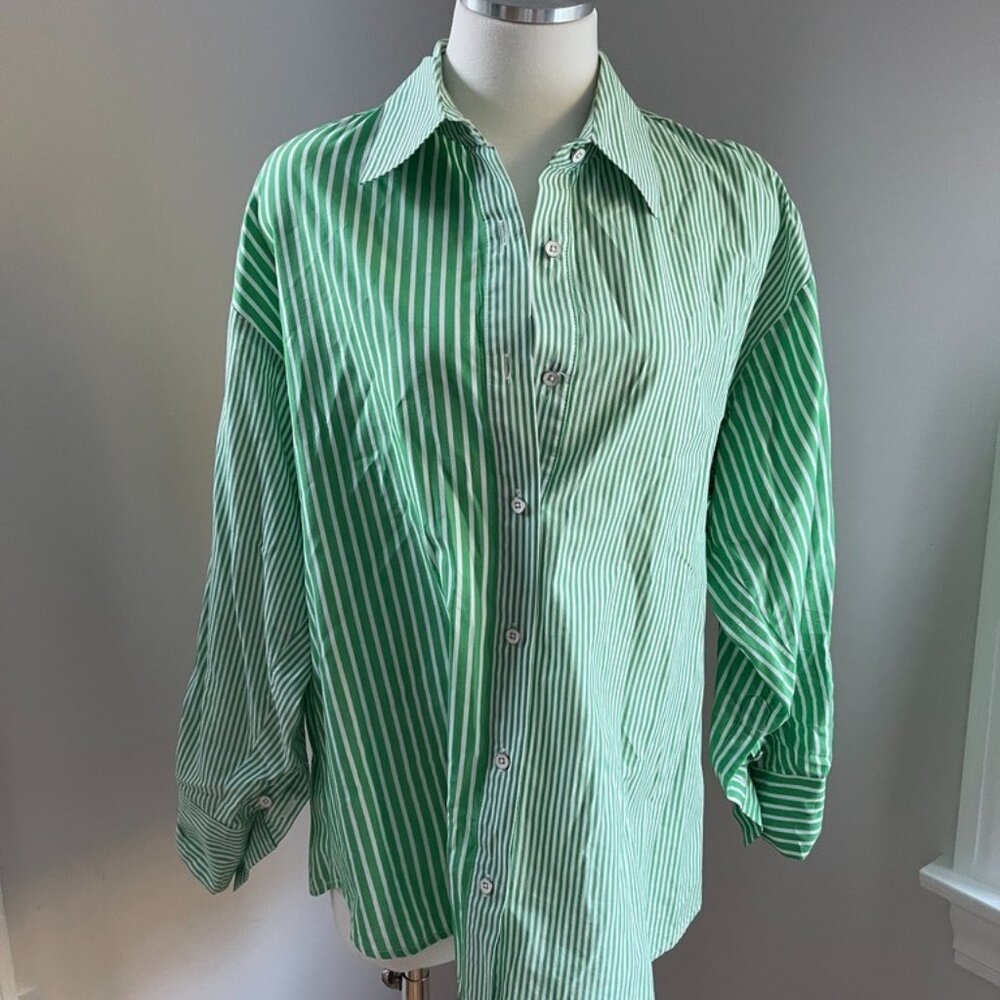 CAbi #6292 Women's Dad Shirt Button Up Cotton Stripes Style Size M Green White